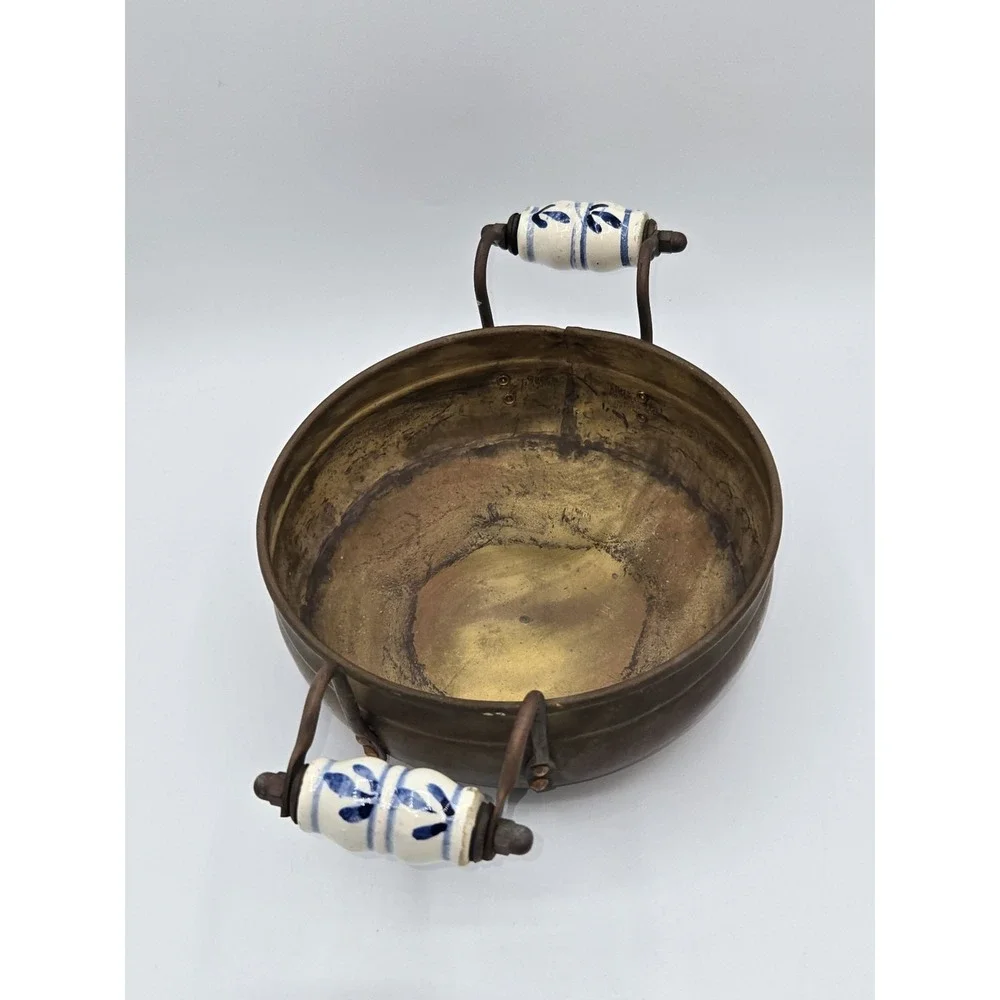 Holland Copper Bowl Pan Ceramic‎ Handles Rustic Farmhouse Serving Dish 10.5